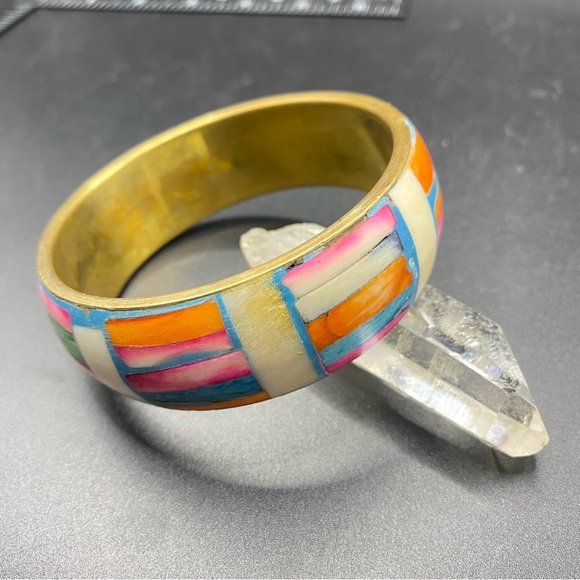 Brass & Bone Inlay Dyed Multicolored Natural Bohemian Chunky Bangle Bracelet - Picture 2 of 7